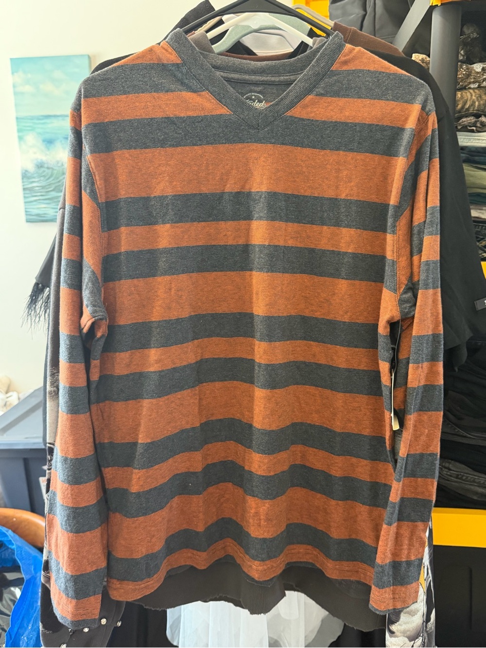 Faded Glory Men's Long Sleeve V-Neck Stripe Shirt in Rust & Charcoal